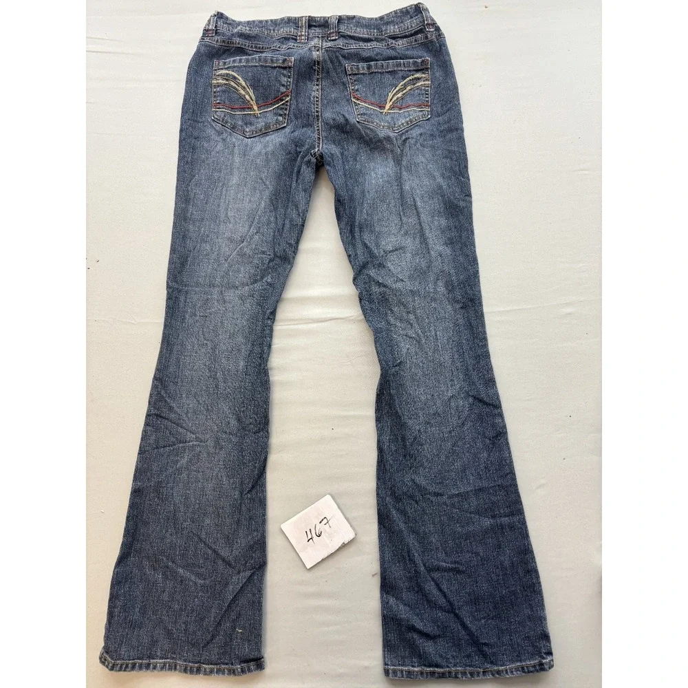Wear It Declare It Womens Low Rise Flare Jeans Dark Wash Blue Embroidered Size 9